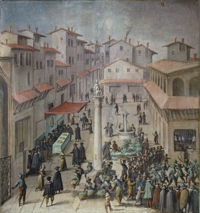 Piazza del Mercato Vecchio, Florence, 1555 door Jan van der Straet